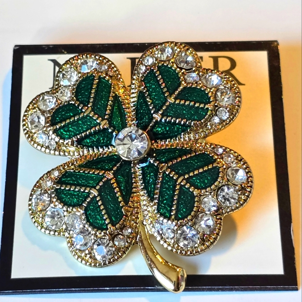 Napier Gold Tone Crystal 4 Leaf Clover Brooch Pin NWT Lucky Shamrock